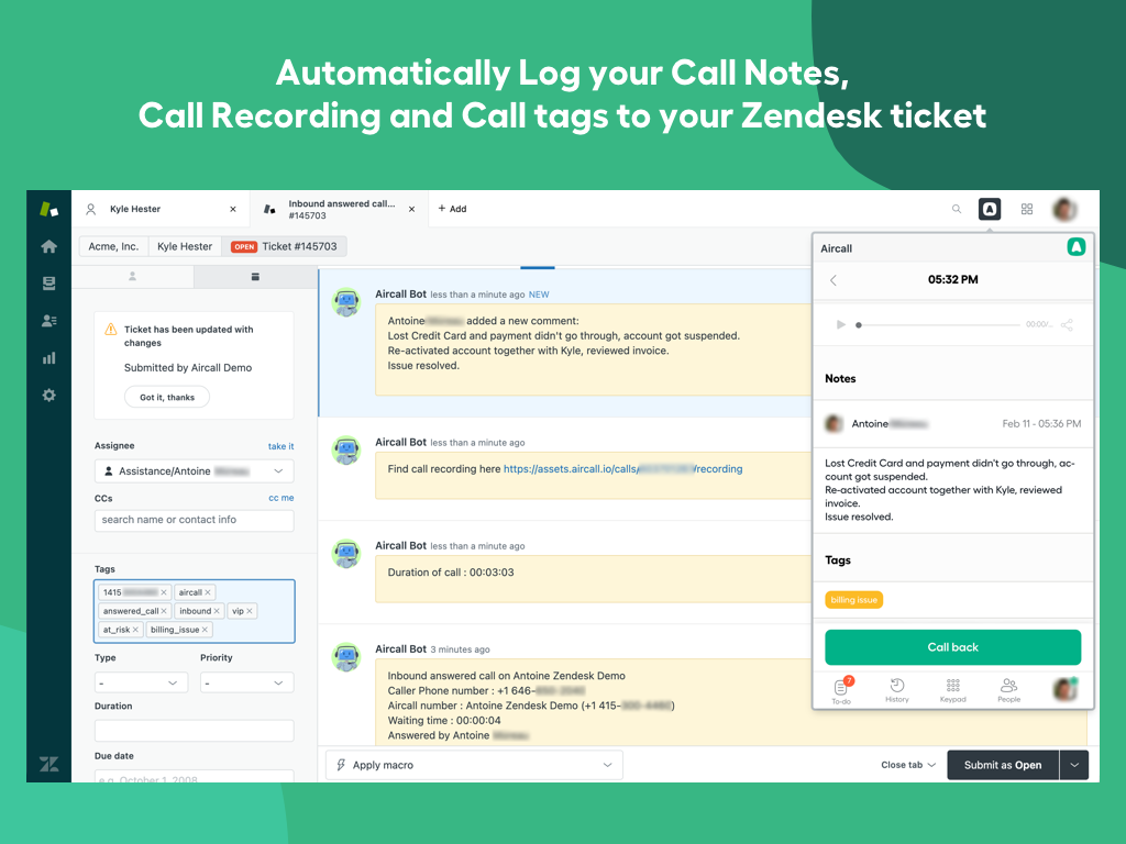 Aircall for Support feature detail — Contact Center app on the Zendesk Marketplace